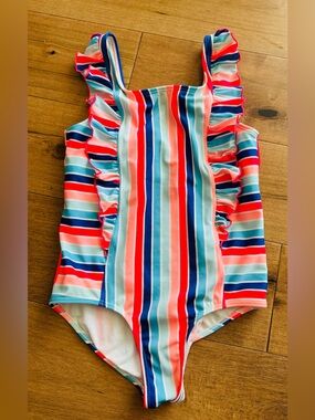 Girls' Multicolor Stripe Ruffle One-Piece Swimsuit